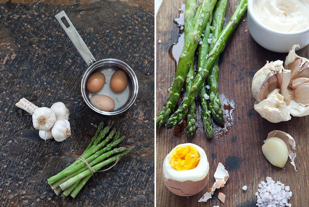 smoked aioli recipe stages with asparagus